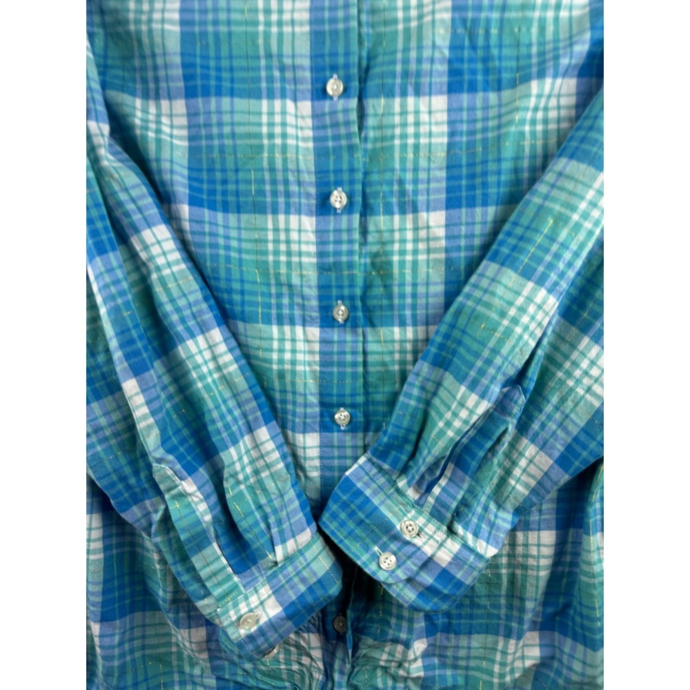 Talbots Plus Size 2X Plaid Button Down Shirt Blue Green Gold Sparkle Long Sleeve - Picture 2 of 7